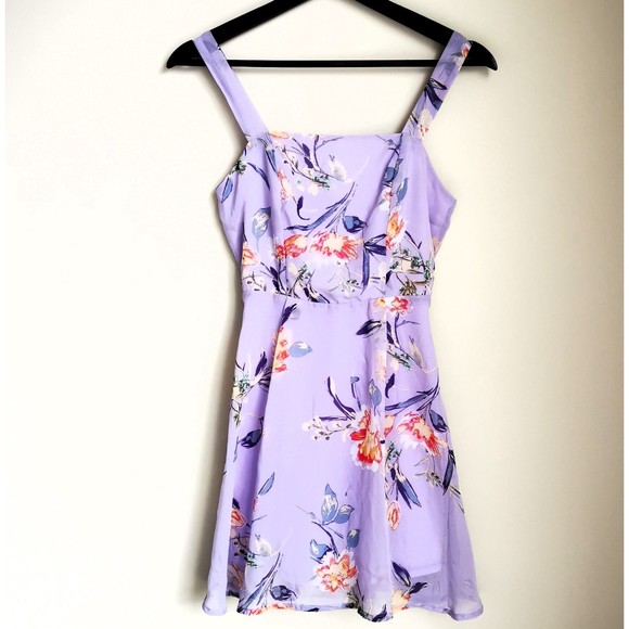 Louna Floral Tie Back Mini Fully Lined Square Neck Summer Dress Purple XS - Picture 4 of 13
